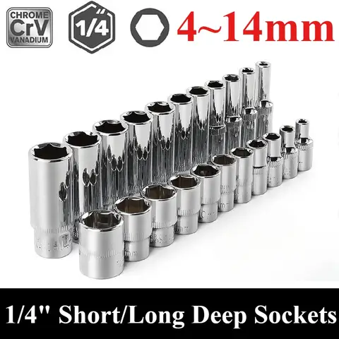 1/4inch Drive Deep Hexagon Socket Set Metric Long Premium  Chrome Socket Set From 4mm to 14mm Chrome Plated Finish Socket Wrench