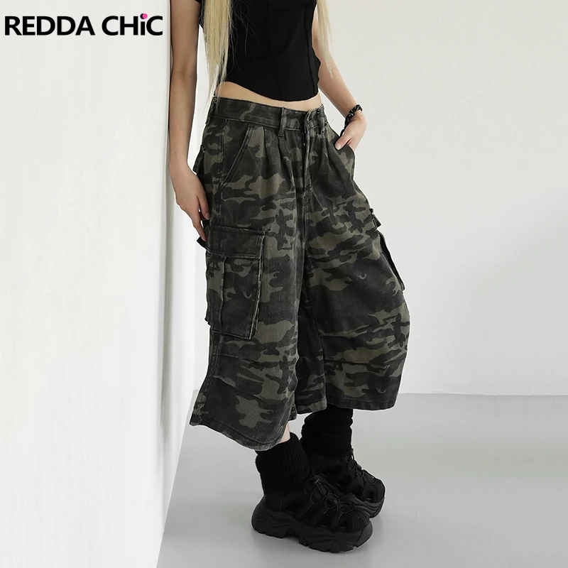 REDDACHiC 90s Camouflage Pockets Women Baggy Jorts High Waist Pleated Straight Cargo Denim Short Pants Casual Harajuku Work Wear