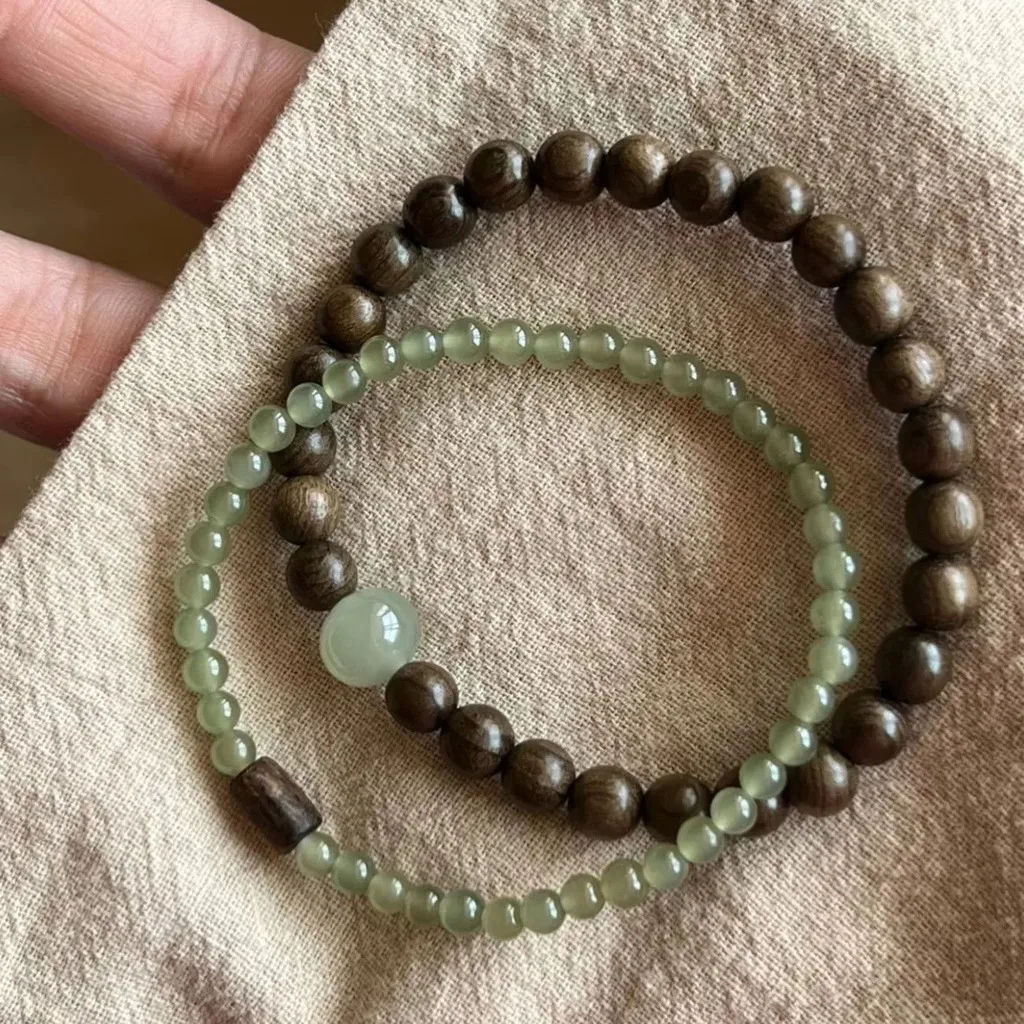 Handmade Wooden and Glass Bead Bracelets, Natural Texture Layered Unisex Wrist Jewelry