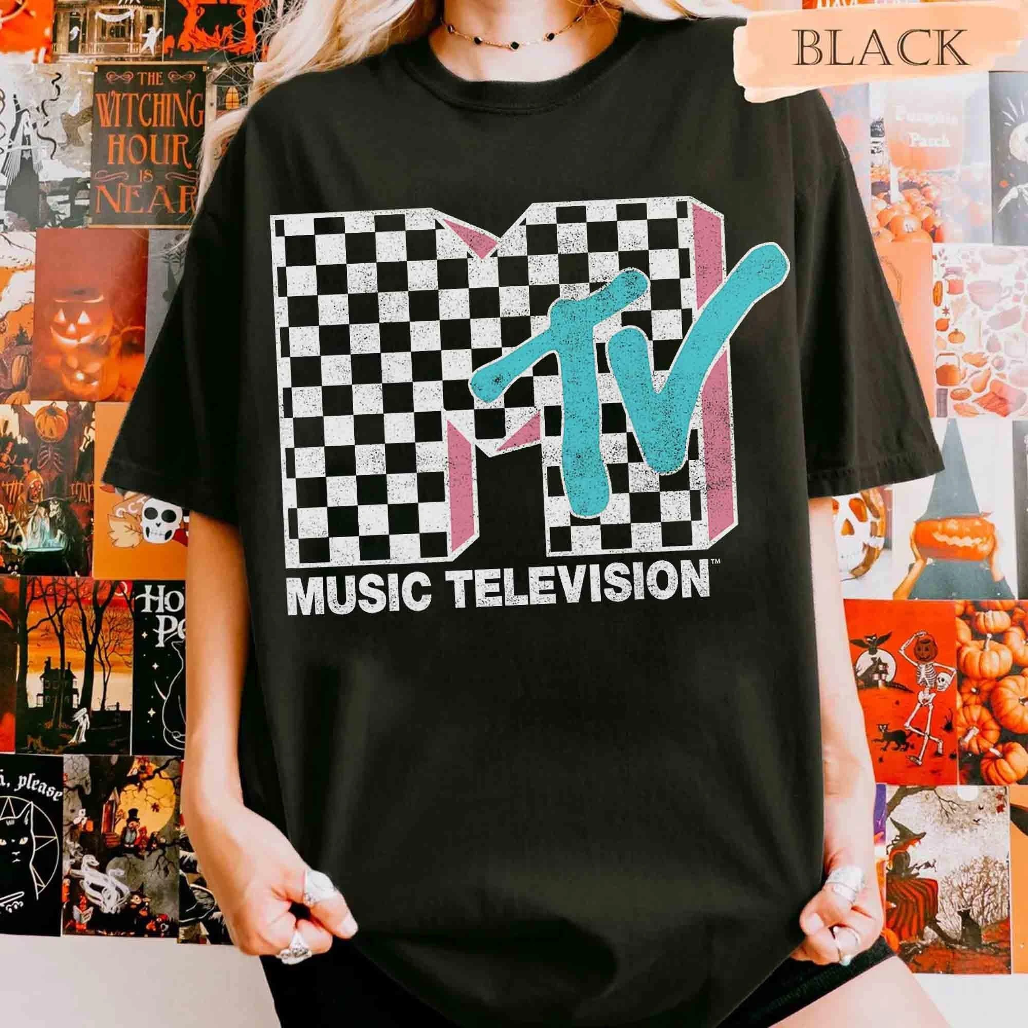 MTV Neon Distressed Checkered Logo Graphic Shirt, Retro 80s 90s MTV Family Matching Tee