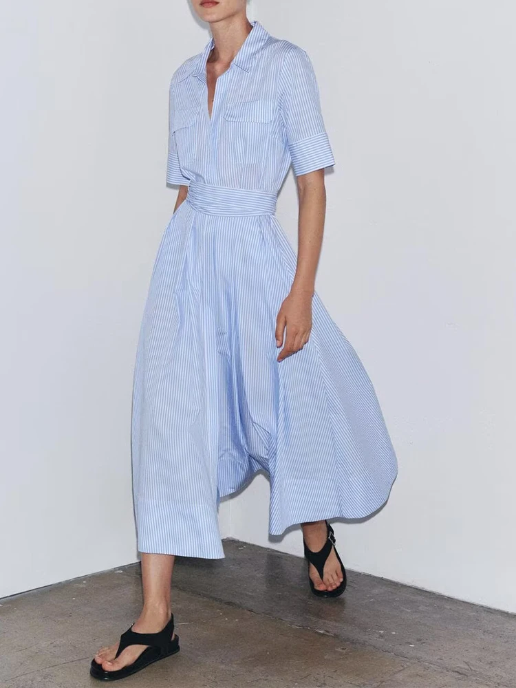 

European style new women's fashion versatile temperament striped short-sleeved poplin shirt-style waist dress