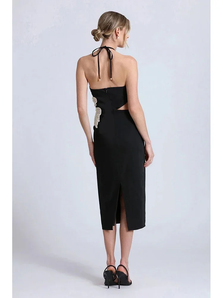 Vestido Bandage negro sin mangas para mujer, vestido Sexy con cuello Halter, diseño de cuentas de flores, vestidos Midi ajustados, vestidos de fiesta de celebridades