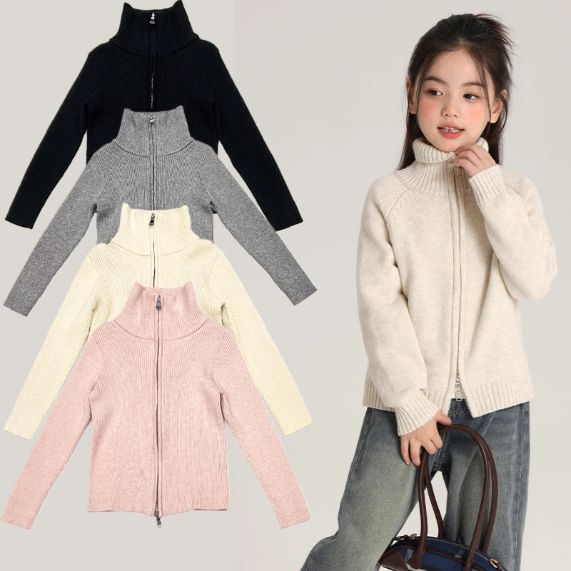 

Teenage Kids Sweater Autumn Winter Double Zipper High-Neck Knit Cardigan Casual Boys Girls Trendy Versatile Children's Outerwear