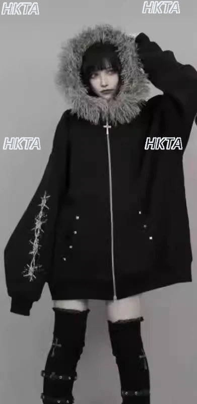 

Japanese Dark Subculture Hot Girl Fur Collar Hooded Sweatshirts Jacket Y2k Loose Print Fleece Long Sleeved Cardigan Coat Women