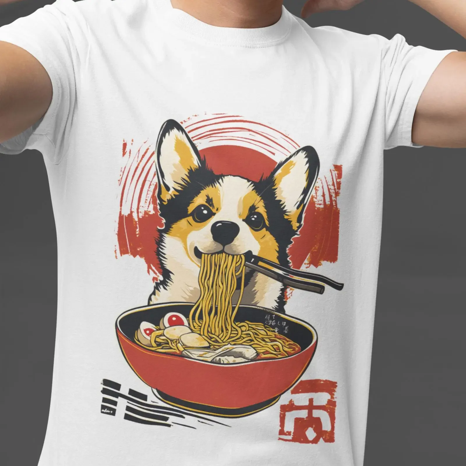 Retro Dog Ramen T Shirt Vintage Puppy Food Lover  vintage Washed graphic Top For Everyday Wear fashion Soft Stretched Casual