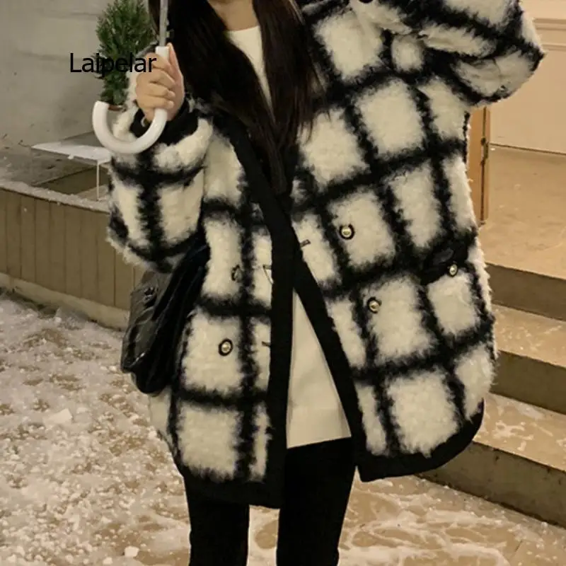 Imitation lamb wool winter coat thickened plaid women's winter down jacket quilted coat