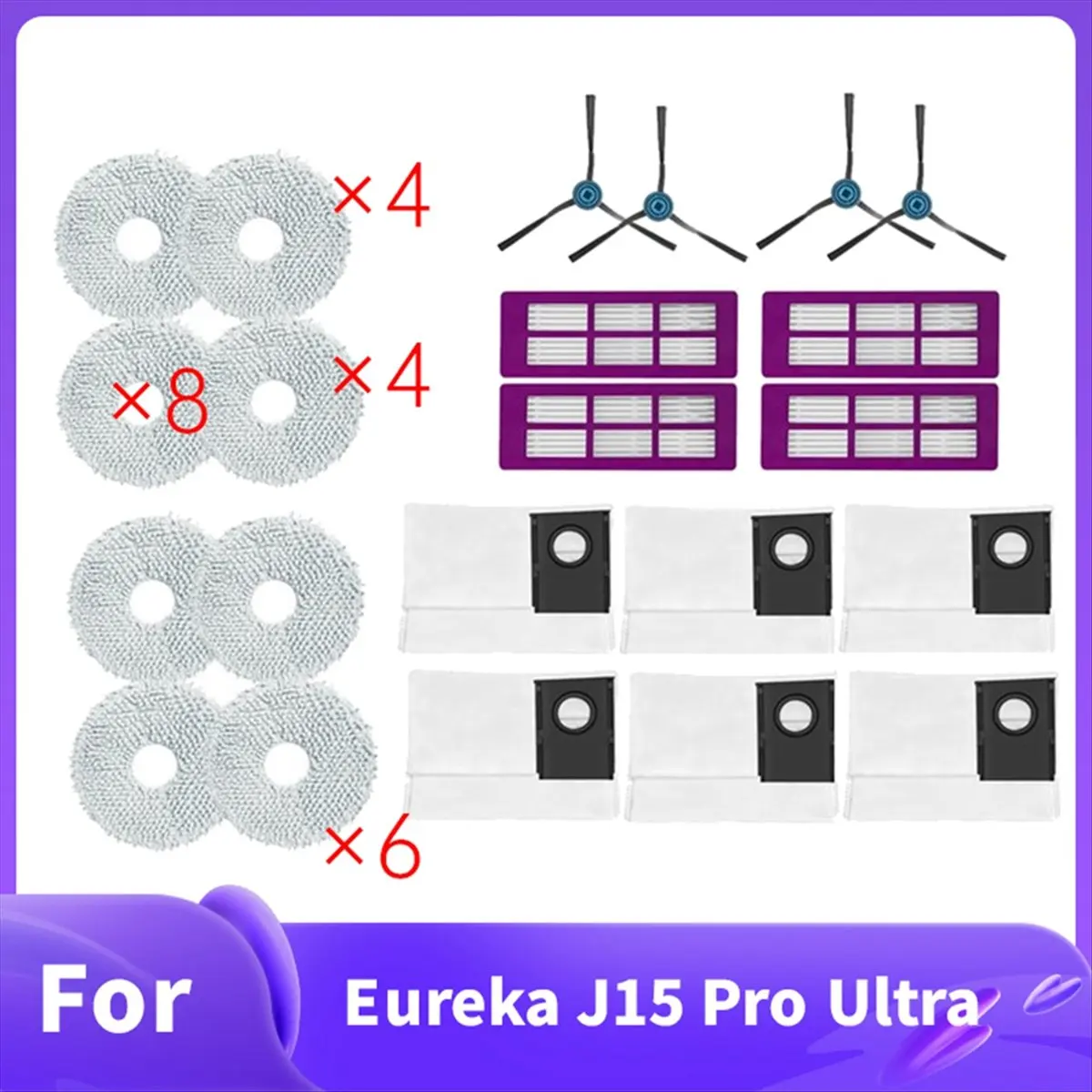 

Комплект аксессуаров A42F из 23 предметов для робота-пылесоса Eureka J15 Pro Ultra: основная и боковые щетки, насадки для мытья полов, фильтры, мешки для сбора пыли