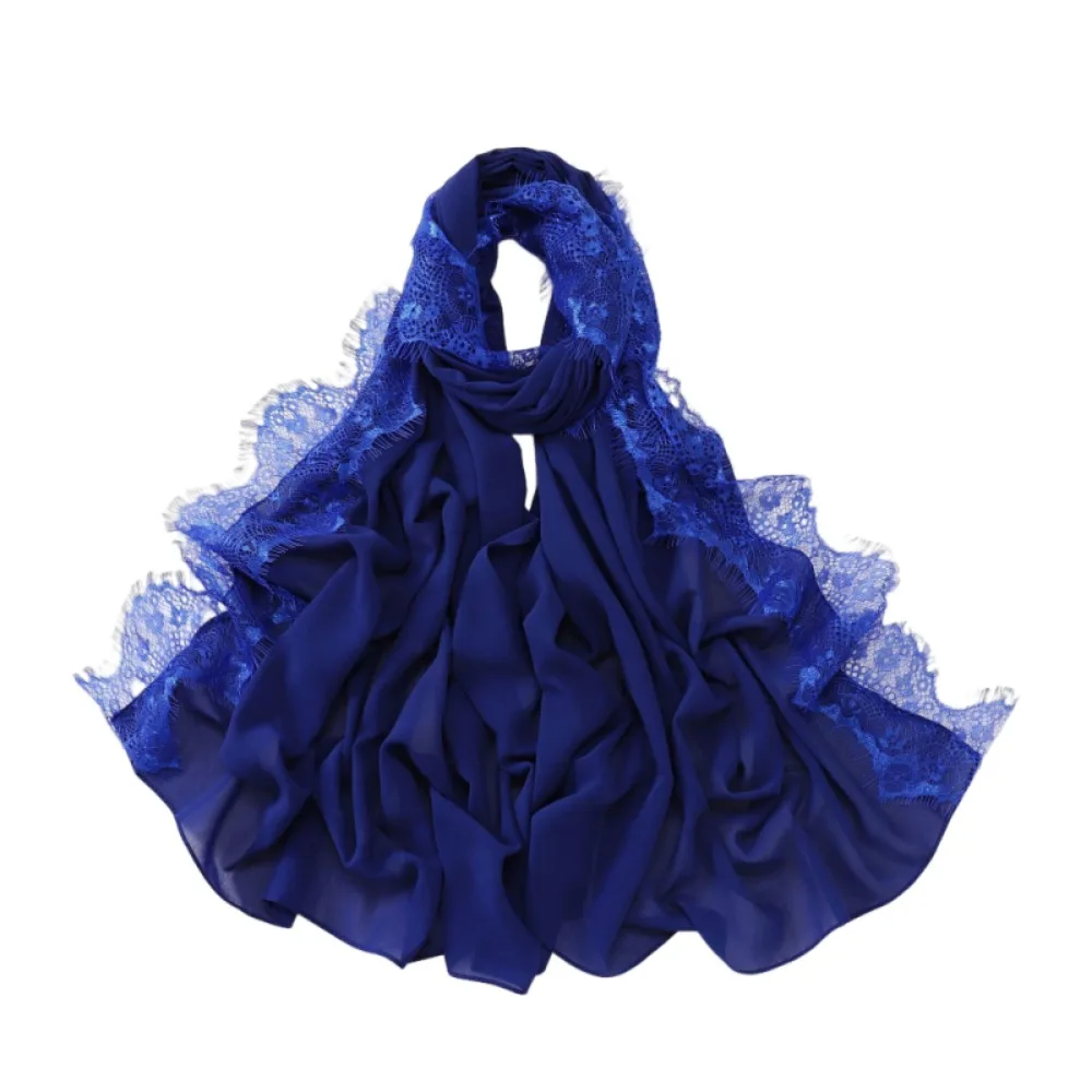Elegant Solid Color Muslim Chiffon Jersey Hijab Breathable Lace Trim Women Headscarf Long Soft Scarf Shawls Girls