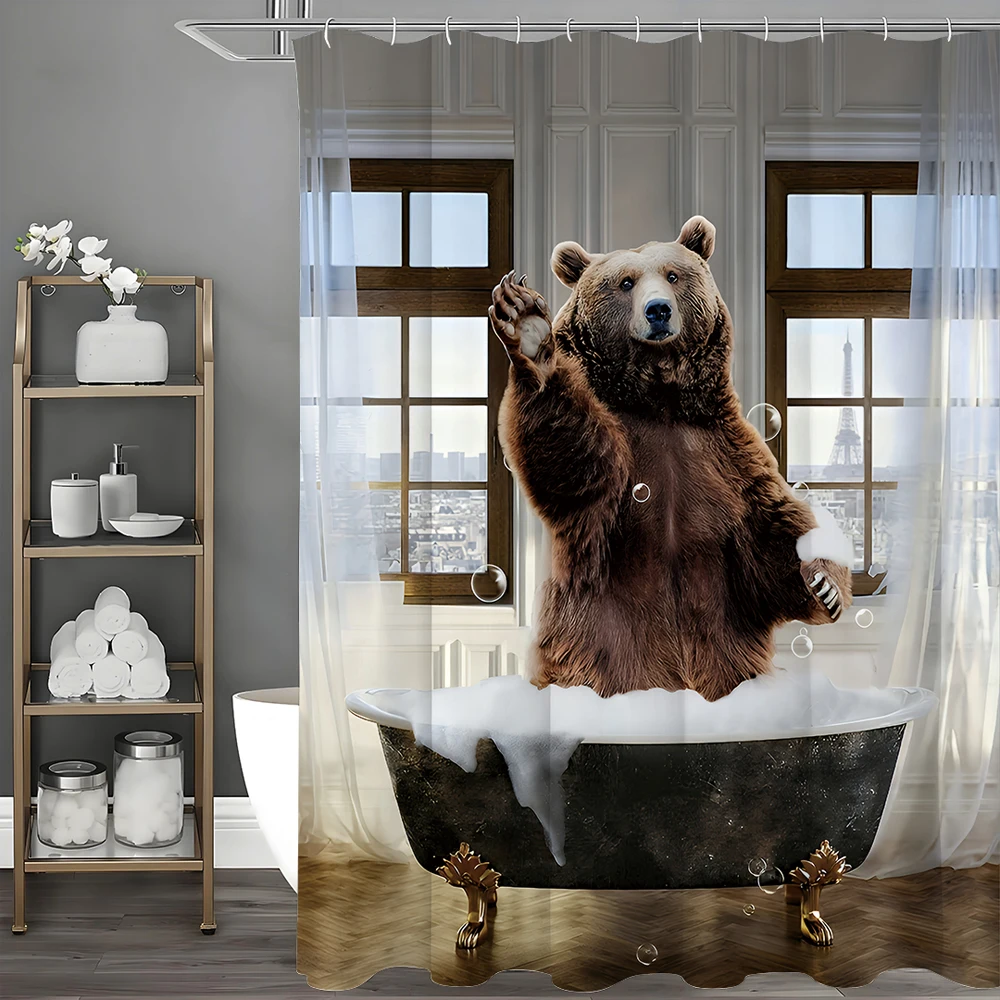 

Brown Bear Standing in Bathtub Saying Hello Fun Shower Curtain, Bathroom Decorative Shower Curtain, Waterproof Shower Curtain