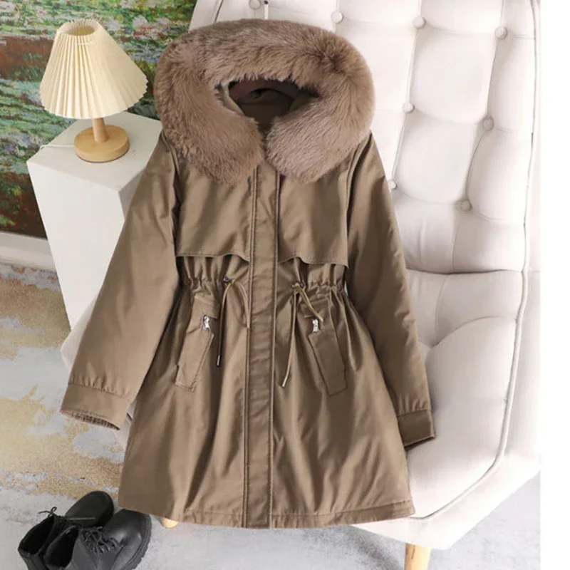 Parka à capuche avec doublure en laine pour femme, manteau long, veste avec col en fourrure, vêtements de neige chauds, vêtements rembourrés, optique, hiver, automne, nouveau, 2024