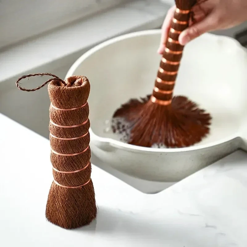 Natural Pot Brush Coconut Brown Long Handle Non-stick Oil Washing Pan Brushs Kitchen Hang Type Wok Dish Cleaning Brush