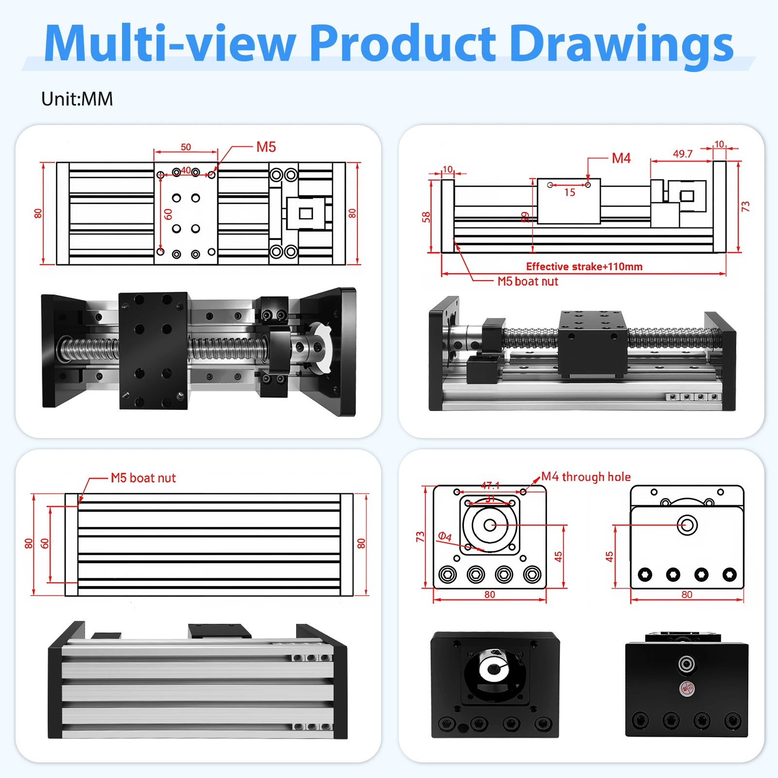 Nema 23 57mm Linear Motor Kit 80mm Wide CNC Sliding Table 60KG Heavy Duty Ball Screw Double Rail Linear Stage For CNC Machines