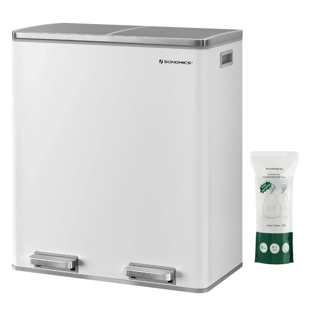 Garbage Can, 16 Gal (60L) Metal Step Bin, with Dual Compartments, Plastic Inner Buckets and Hinged Lids, Kitchen Trash Can