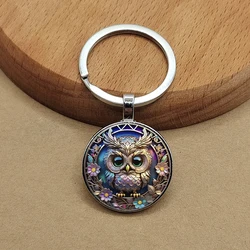 Owl pattern circular glass keychain pendant accessory, metal keychain pendant, small gift