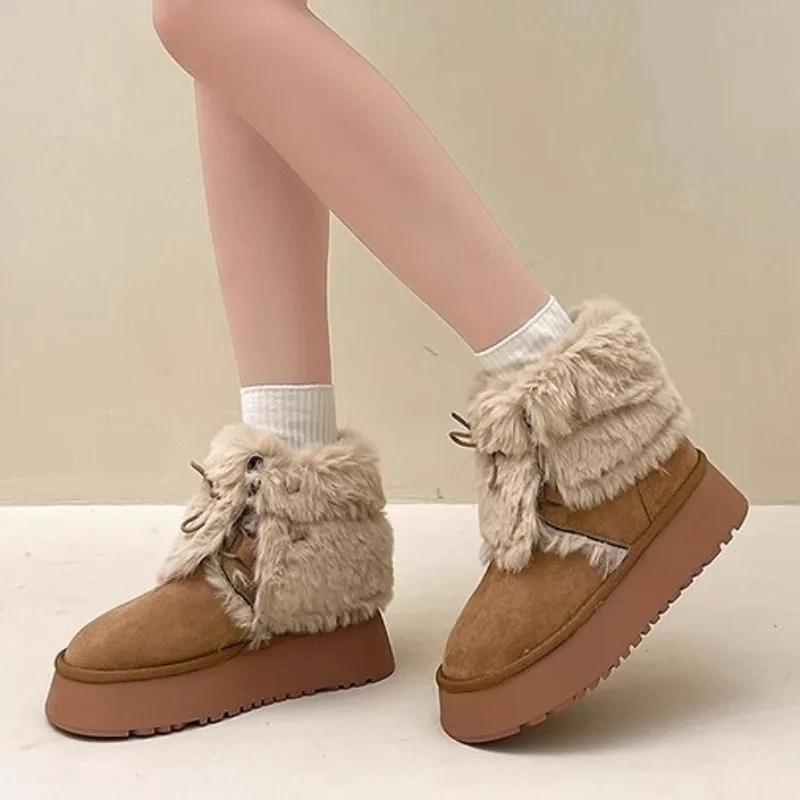 

2025 New Vintage Women's Snow Boots Soft Middle Tube Warm Cotton Fleece Lined Thick Sole Outerwear For Autumn