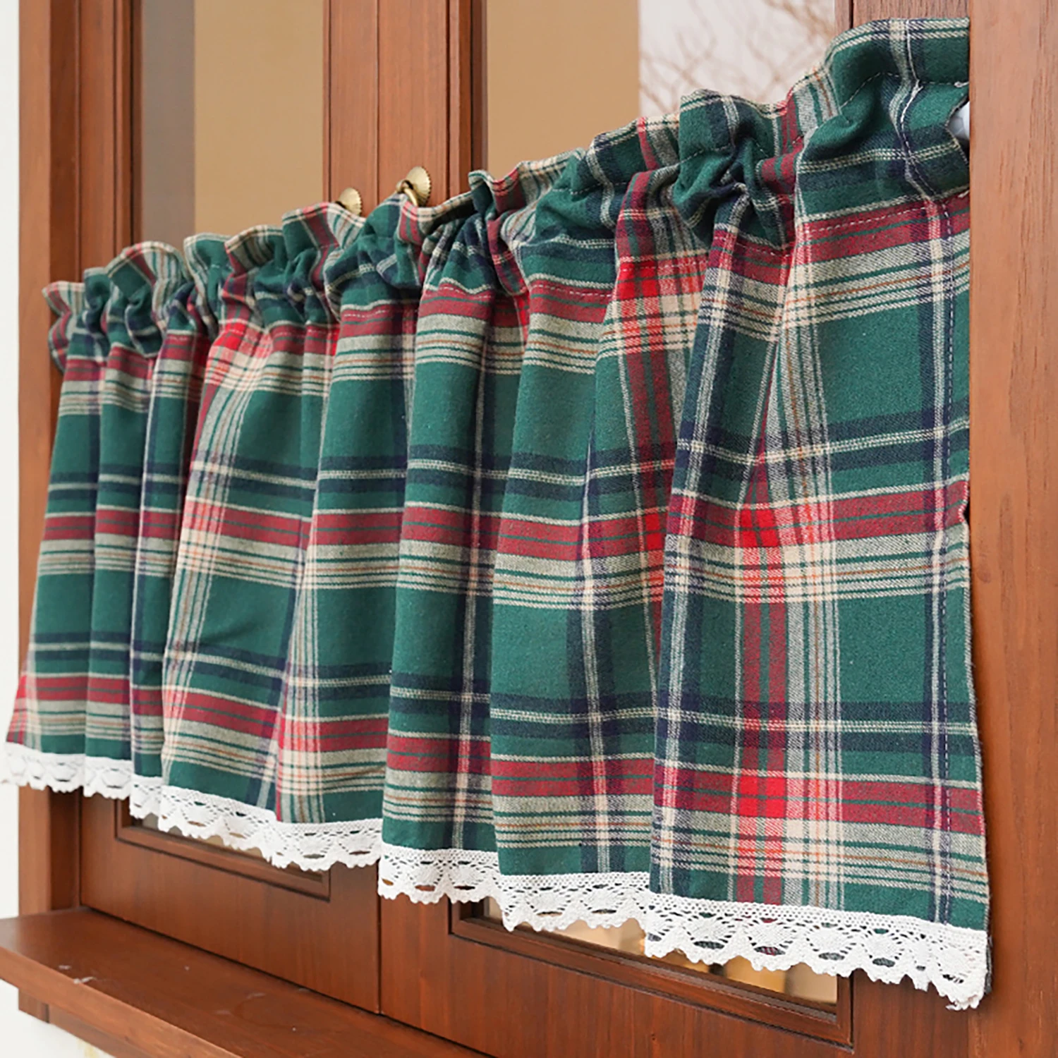 Classic Plaid Pattern Small Curtains for Kitchen, Dining Room Christmas Decoration Coffee Half Window Curtains 1 Panel