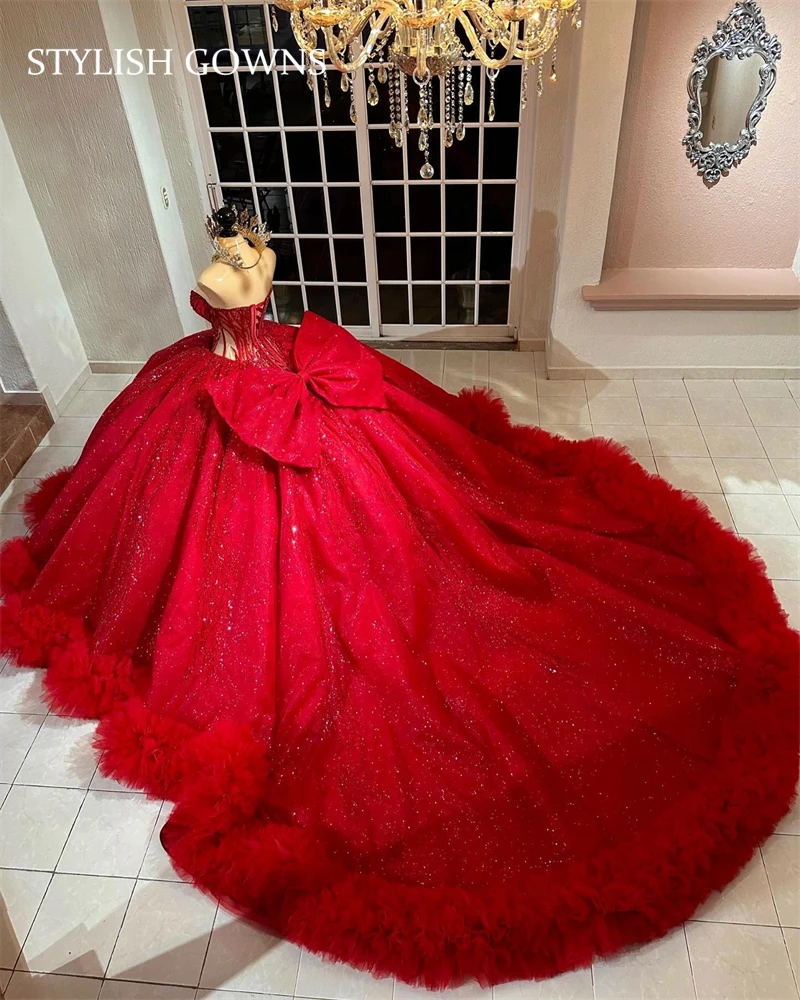 Red Sweetheart Bow Quinceanera Dresses For Black Girl Bead Appliques 2024 Birthday Luxury Dress Ruffles Sweet 16 Customized