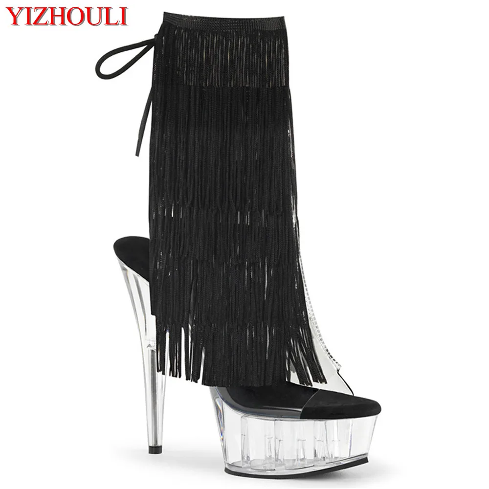 

Summer 15cm pole dancing shoes fashion tassel transparent waterproof table sexy models catwalk high-heeled dance shoes