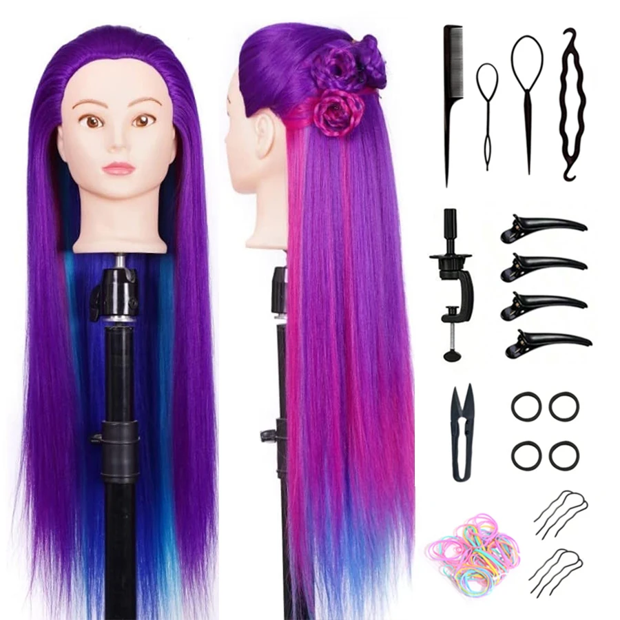 Mannequin Head with Long Synthetic Fiber Colorful Hair Styling Training Head 26-28inch Manikin Cosmetology Doll Head