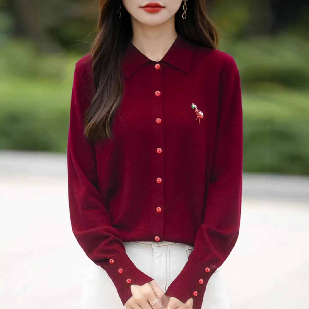 

Spring Autumn Soft Knitted Polo Collar Women's Sweater Jacket Embroidered Slim Fit High End Feel Pure Color Full Sleeve