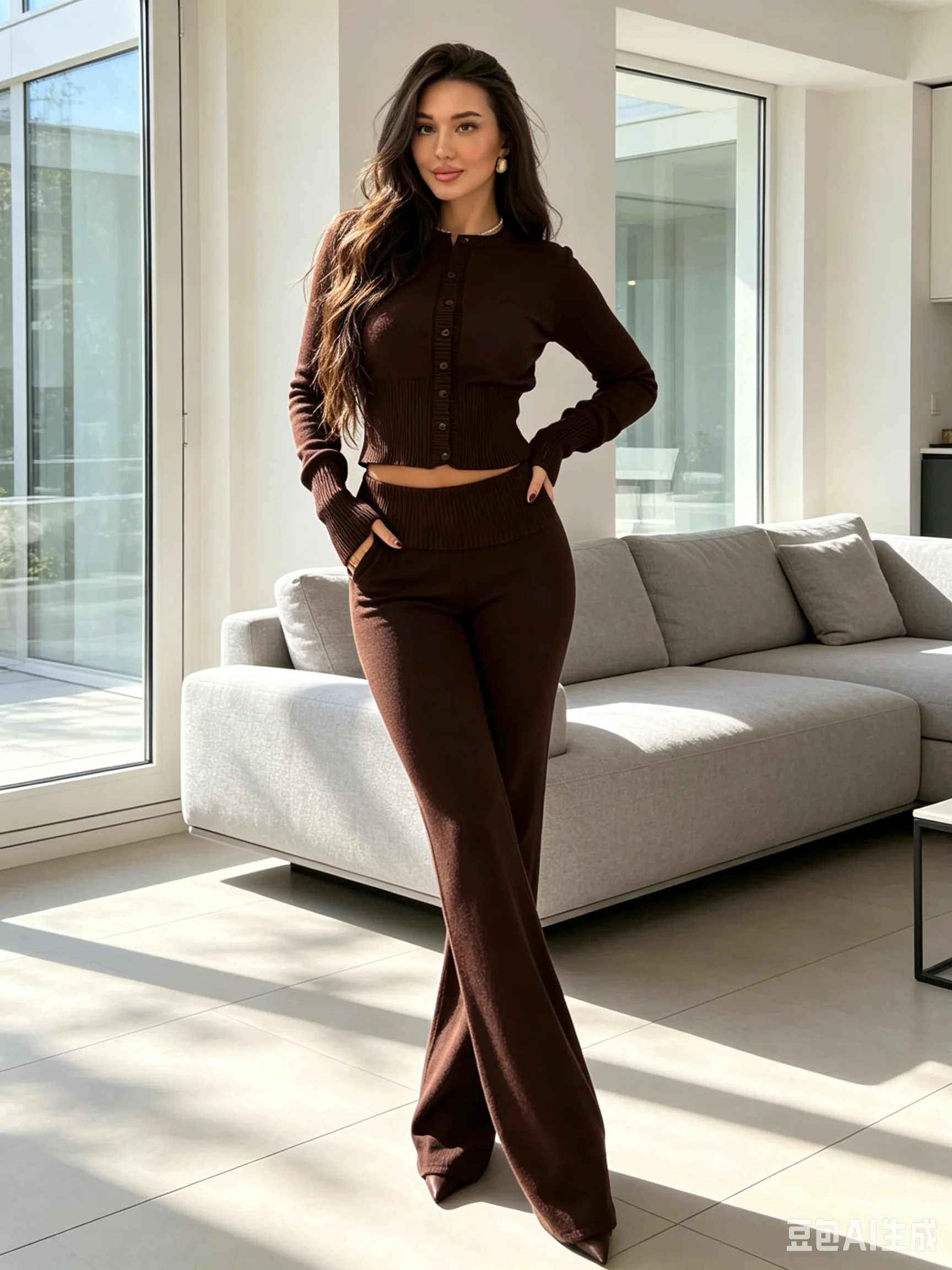 Bornladies Fashionable and Minimalist Two-piece Round Neck Full Button Open Top and Pants Set for Women's Street Travel Outfits