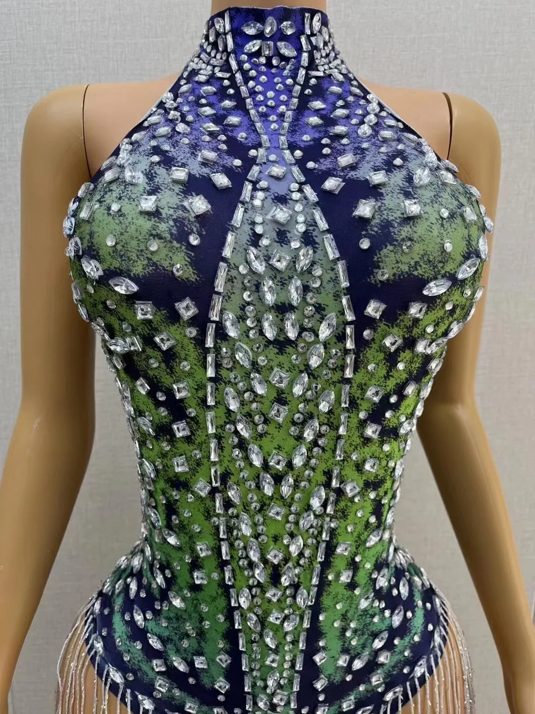 Sexy Stage Blue Green Silver Rhinestones Fringes Sleeveless Stretch Tassels Bodysuit Birthday Celebrate Party Photoshoot Costume