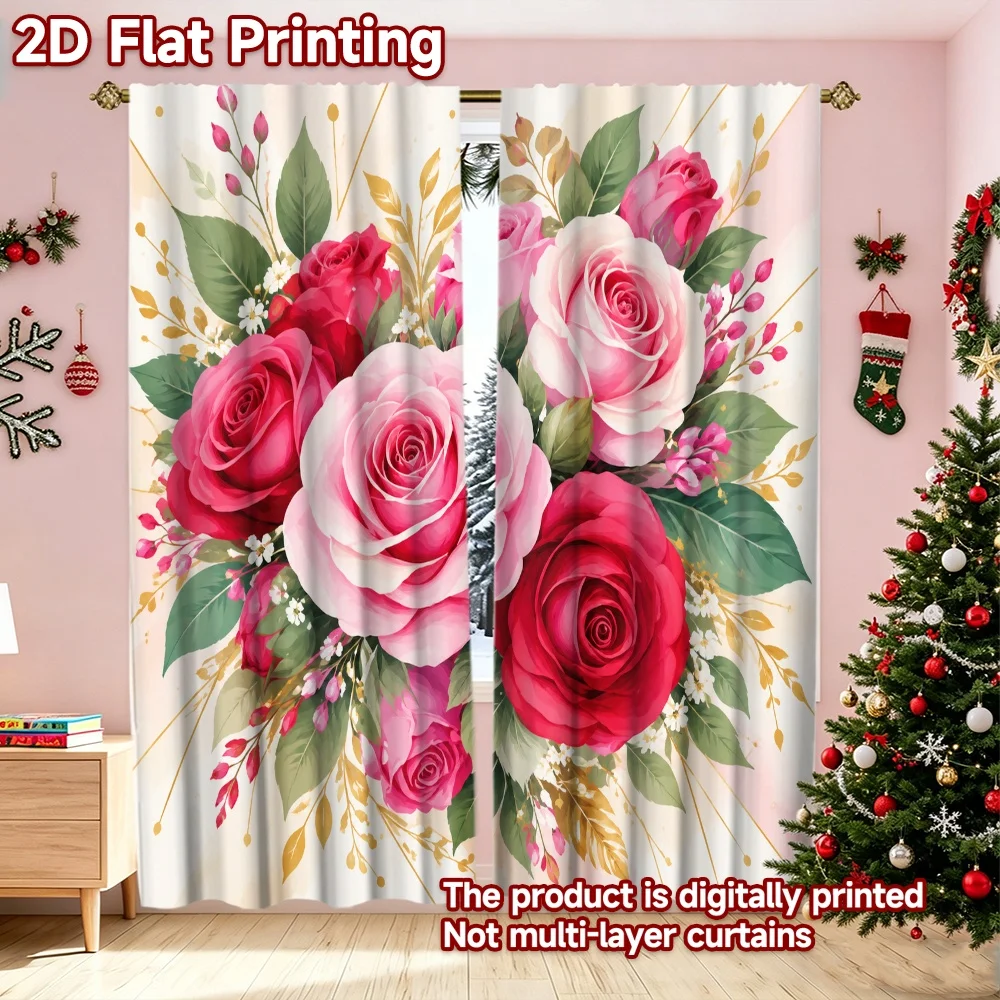 2D flat printing 2pcs Trend Christmas Curtains Valentine Pink Rose Bouquet Digitally printed polyester, durable Festive Holiday