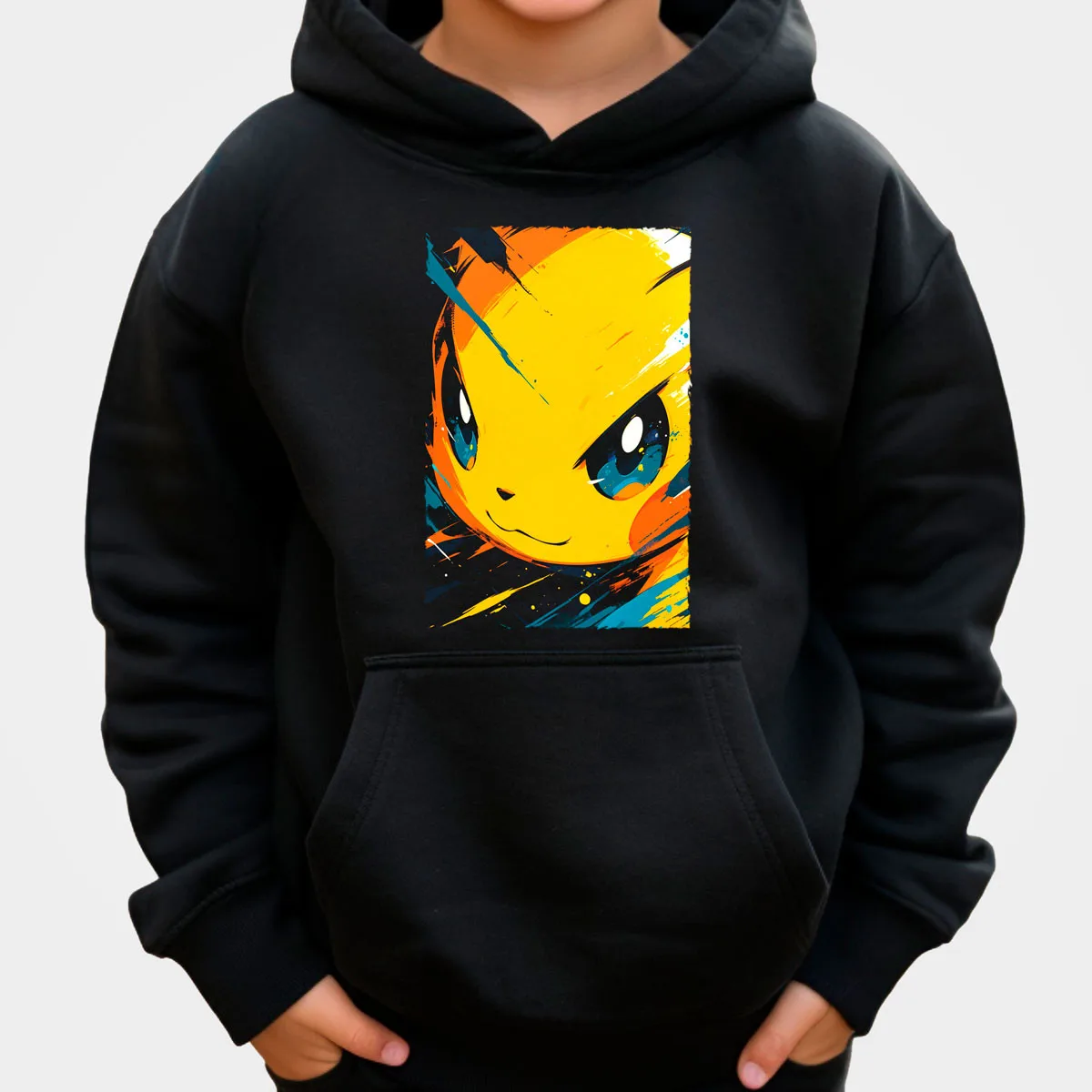 Pokemon Anime Pikachu Sudadera con capucha de algodón negro amarillo respingo fondo sentado diseño de personaje ajuste suelto ropa informal para el hogar