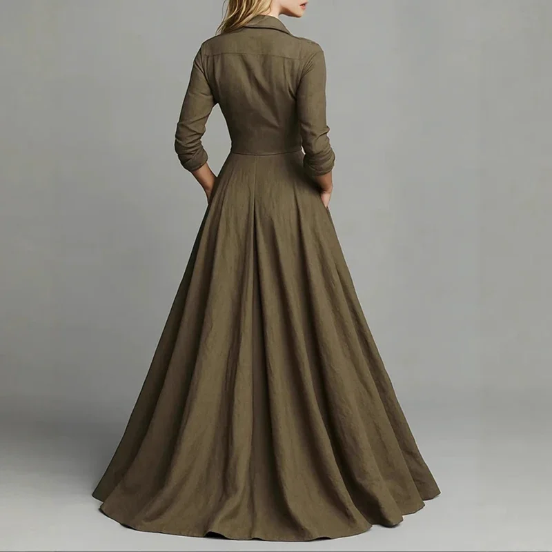 Casual Turn-down Collar Button Maxi Dress Woman Elegant Solid High Waist Swing Long Dresses Autumn Long Sleeve Pocket Boho Dress