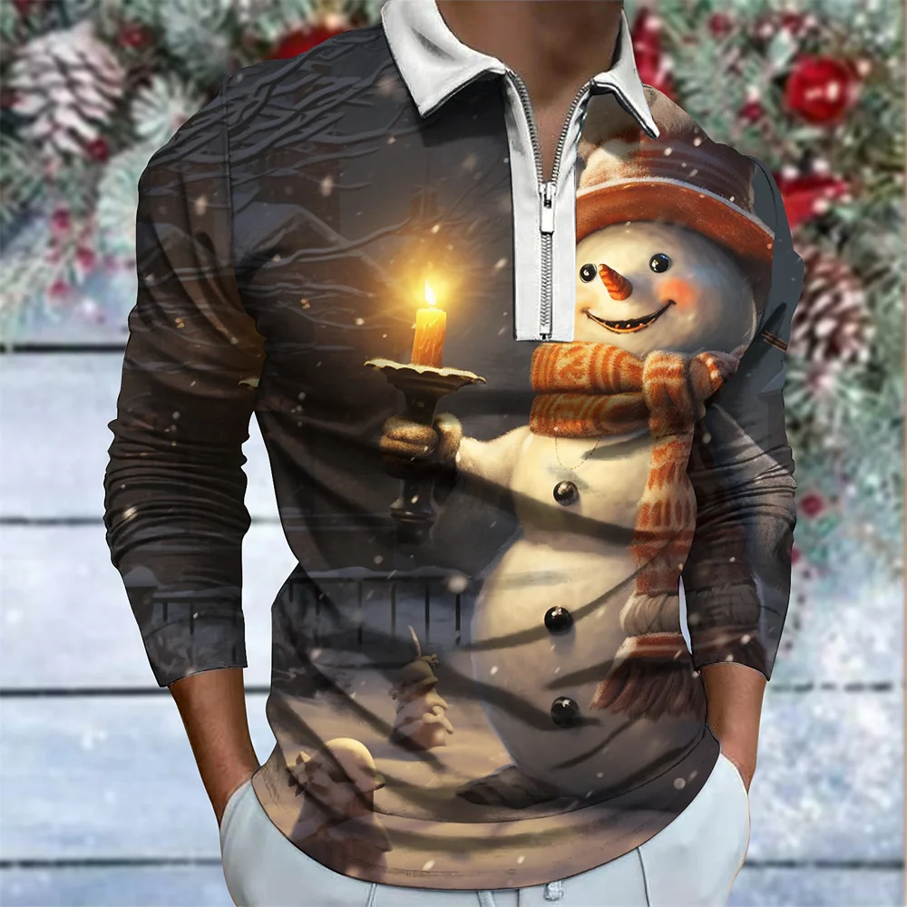 

Christmas Golf Wear Men's T-Shirt Snowman Print Casual Lapel Polo Shirts Men Top Fashion Street Long Sleeve T Shirt Men Clothing