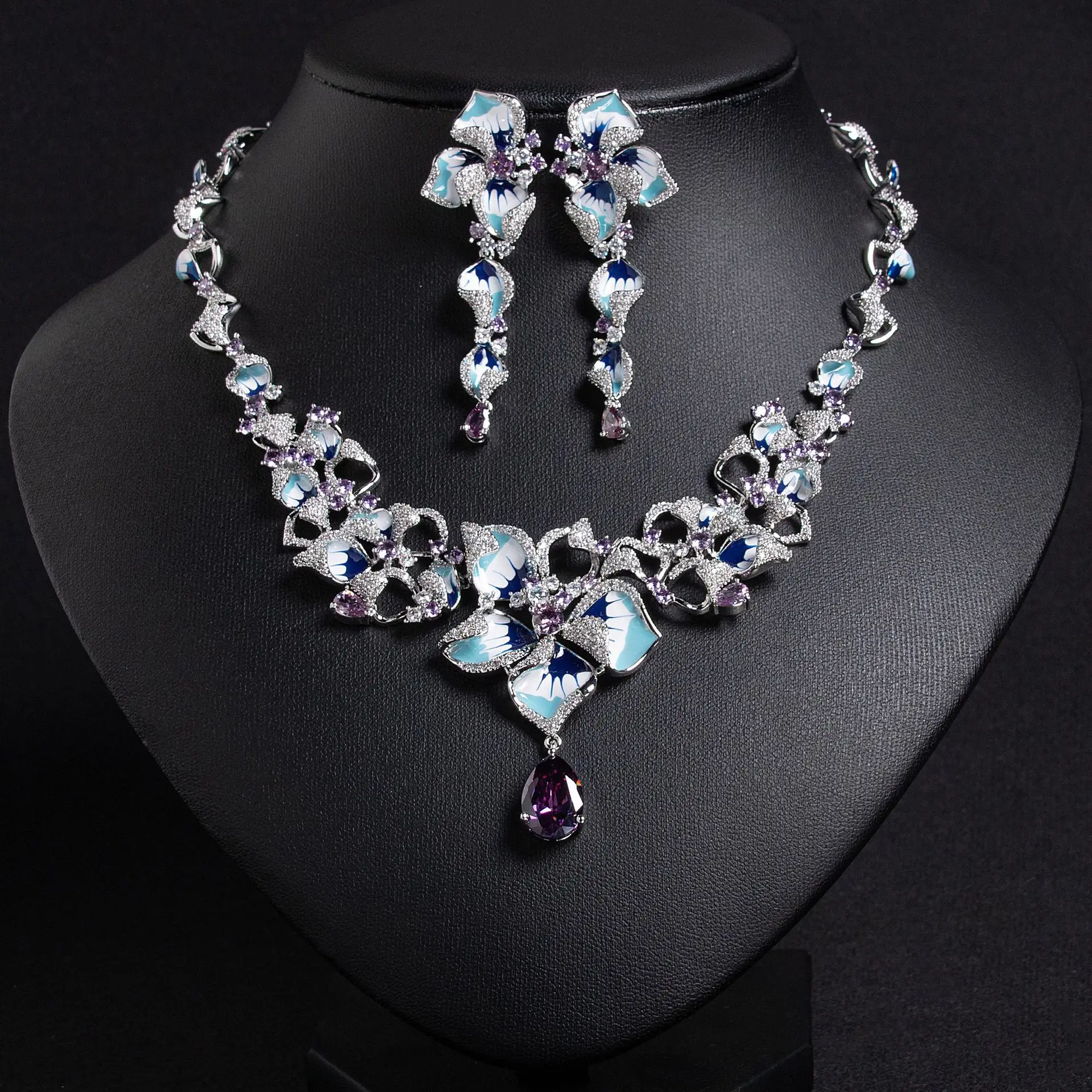 جديد متعدد الألوان موضة مجوهرات على شكل قلب النساء التركيز تبييض 2 قطعة قلادة أقراط الزفاف السفر مأدبة هدية حفلة موسيقية M-646 #2