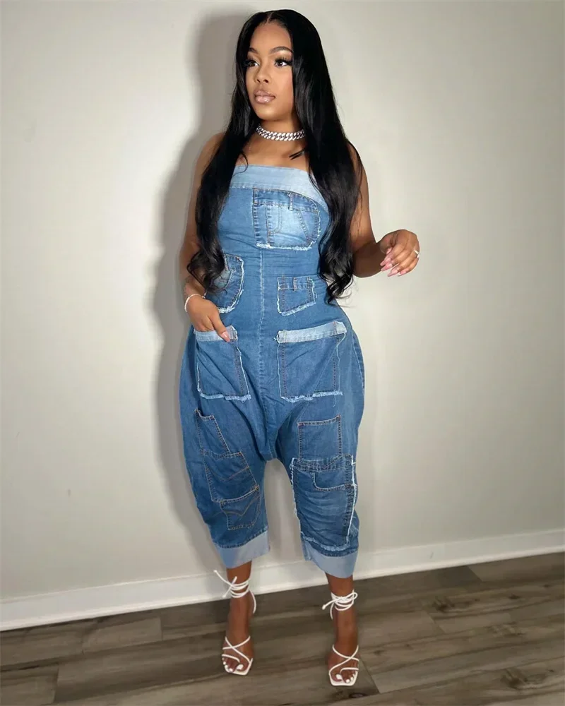 Fashion 2024 Women Strapless Loose Sexy Blue Denim Jumpsuit Stretchy Pockets Patches Cargo Jeans Jumpsuits Street Party Rompers