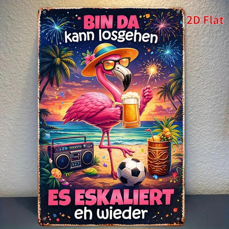 CIFBUY Vintage Tropical Flamingo Party Can Begin German Metal Sign Waterproof Durable Aluminum Wall Art Patio Yard Pool Beach Ho