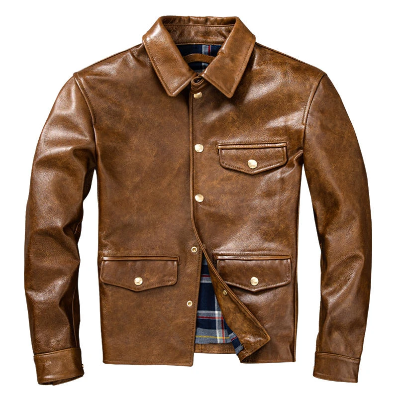 Brown Autumn Leather Jacket Men Single Breasted Plus Size 5XL Natural Cowhide Smart Casual Style Genuine Leather Coat