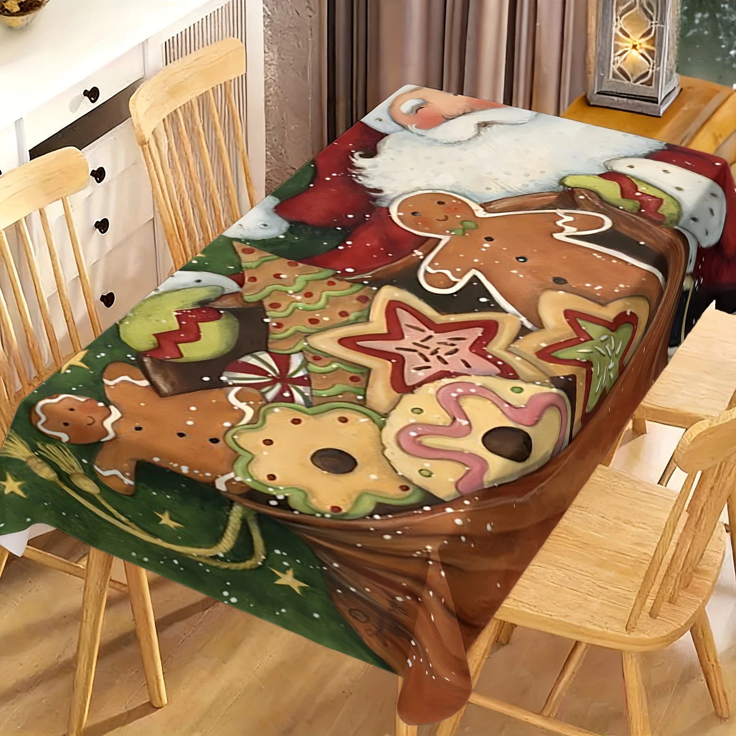 Holiday Tablecloth, Cute Santa Gingerbread Man Cookie Pattern Cover, Waterproof Table Cloth for Dining Table, Sweet Room Decor