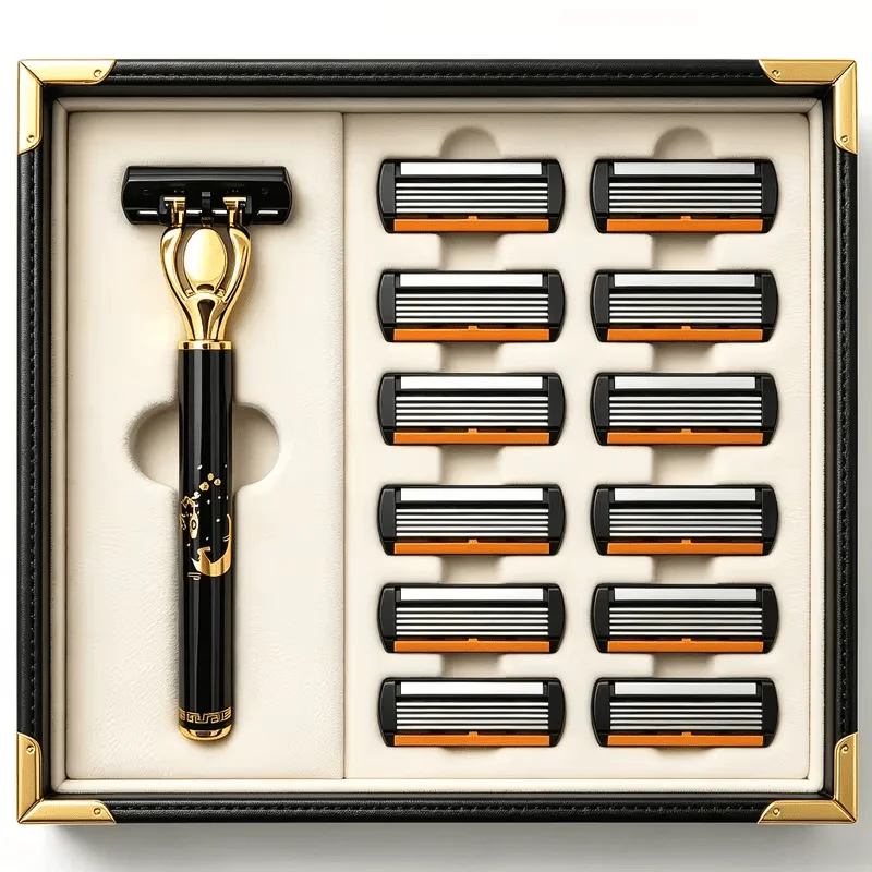 A High-quality, Safe Shaving Set Featuring 1 Handle and 12 Replaceable Blades, Equipped with A Metal Handle, Design