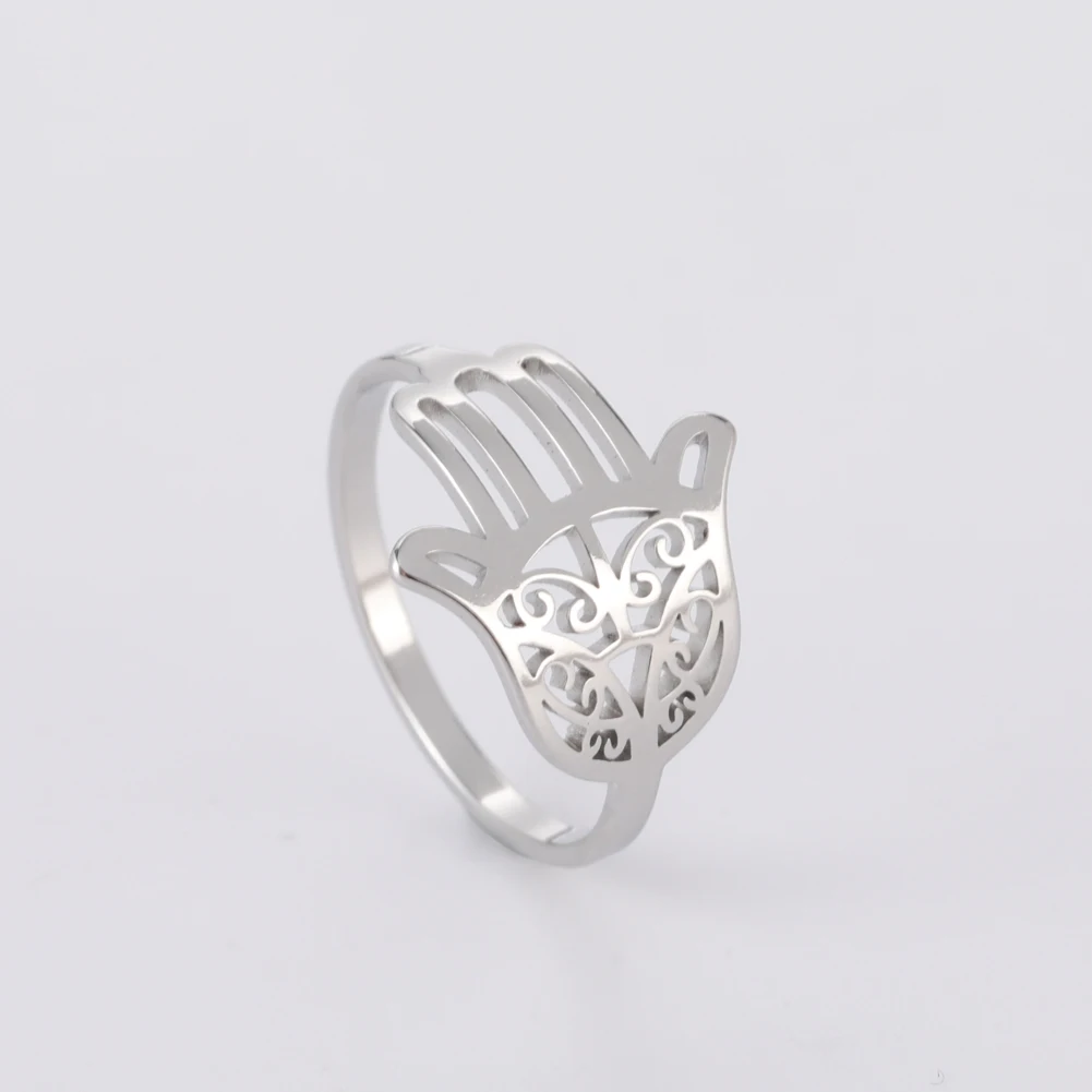 Kkjoy Damenringe, silberfarben, Hamsa, Hand der Fatima, Edelstahl, weibliche Persönlichkeit, hohler Schmuck, Accessoires, Mädchen-Geschenk – Detail 3