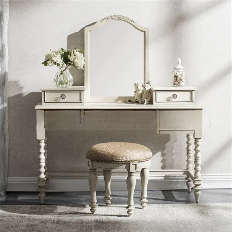 Comò retrò in legno massello country americano, sgabello da tavolo per trucco vecchio bianco moderno e semplice per camera da letto