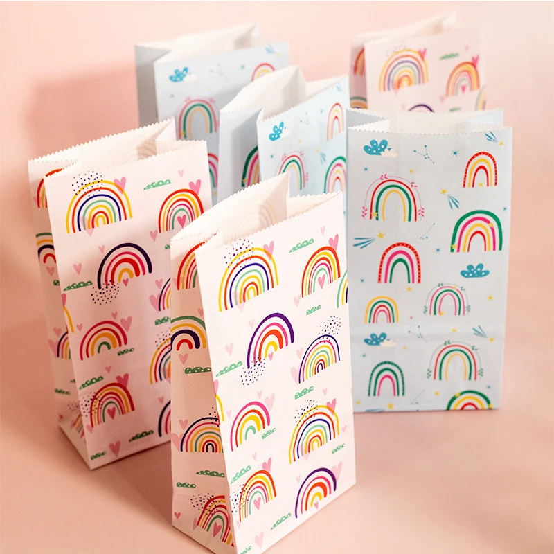 10Pcs Rainbow Paper Gift Bags DIY Baking Candy Cookies Packing Bag Stand Up Favor Bags Wedding Party Birthday Supplies