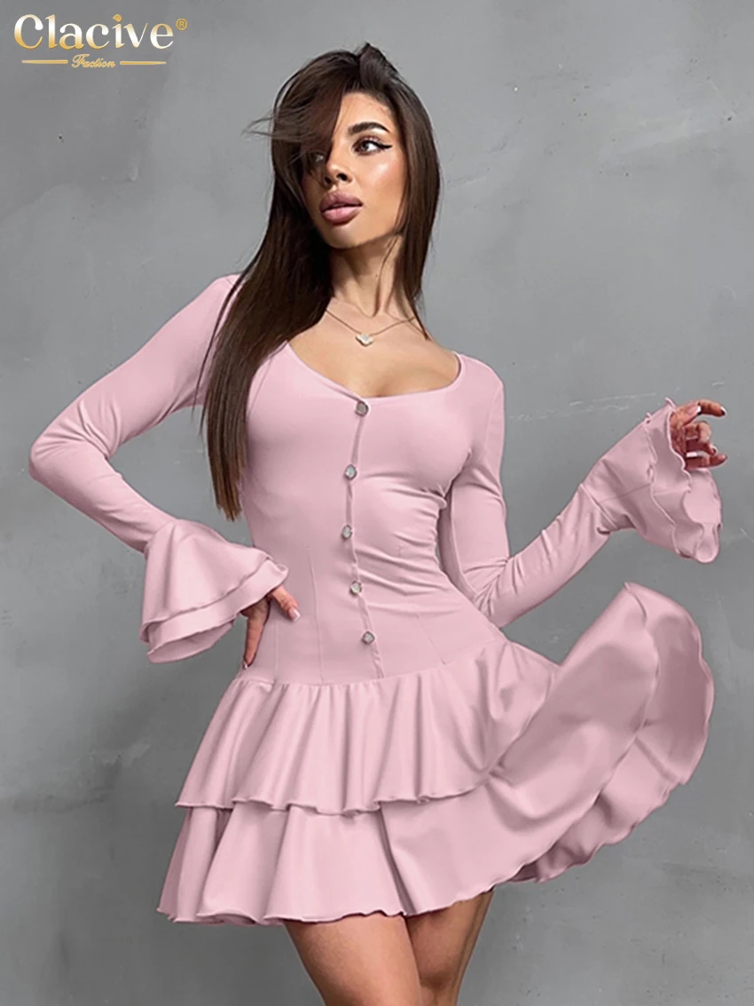 

Clacive Sexy Slim Pink Knitted Women's Dress 2025 Bodycon V-Neck Long Sleeve Mini Dresses Elegant Classic Pleated Female Dress