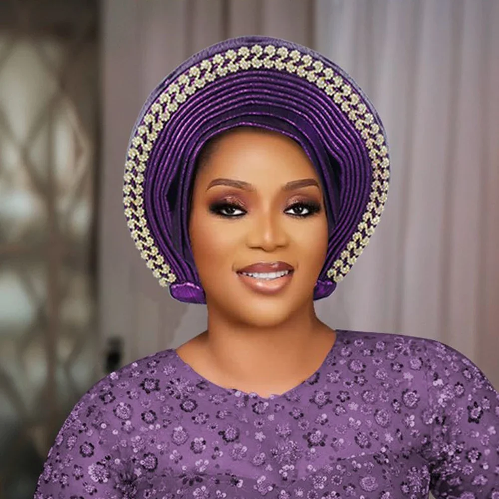الزفاف الأفريقي قبعة عمامة الماس أشرطة رأس مطوي أغطية الرأس مع كريستال نيجيريا ربطة الرأس السيارات Gele القبعات بونيه الحجاب قبعة #6