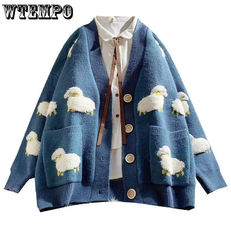 WTEMPO Women\'s Embroidered Sheep Knitted Cardigan Oversized V Neck Long Sleeve Knit Sweater Vintage Autumn Women\'s Clothing