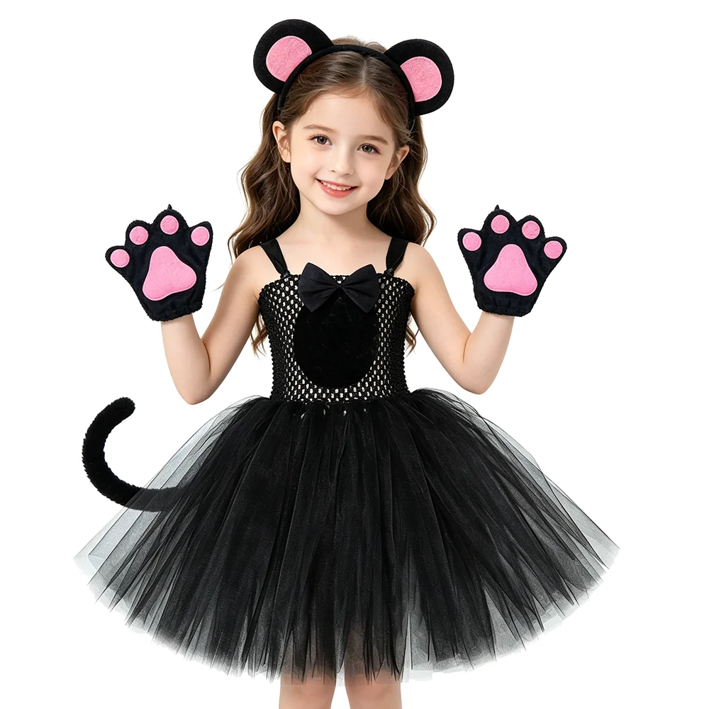 

Black Mouse Costumes for Baby Girls Animal Rat Tutu Dress Kids Halloween Birthday Fancy Dress Up Outfit with Ears Bow Tie Tail