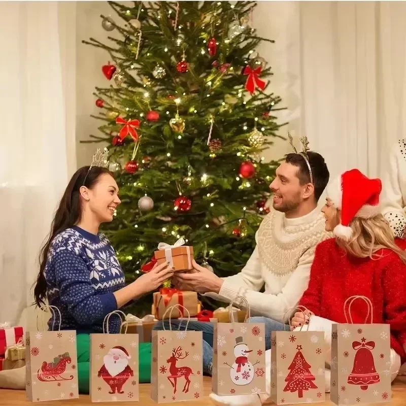 Hurtownia Kraft Torebki z uchwytami na prezenty Christmas Party Candy Cookie Packaging Treat Pouch Cute Santa Claus Snowman Decoration Supplies — zdjęcie 5