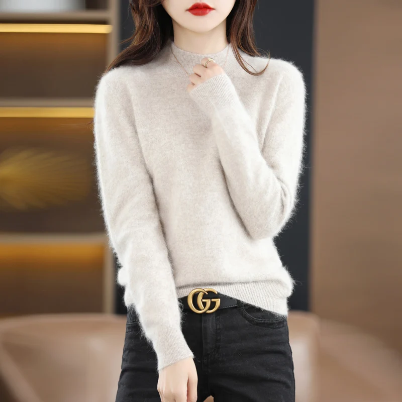 2024 Women\'s Sweater Hoodie Pure Mink Cashmere Knitted Half High Neck Long Sleeve Winter Warm New Style Solid Color High Fashion