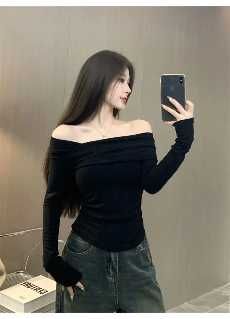 Damen Frühling Herbst Off-Shoulder Slim T-Shirt im Studenten-Stil Asymmetrisches Langarm-Basic-Top Lässiges Layering-Shirt für Erwachsene – Detail 5