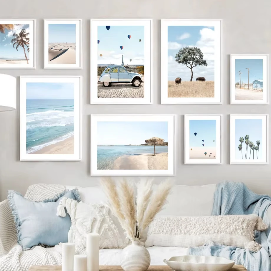 Beach Calm Waves Palm Tree Hot Air Balloon Car Desert Travel Poster Wall Art Print Canvas Painting Decor Picture For Living Room