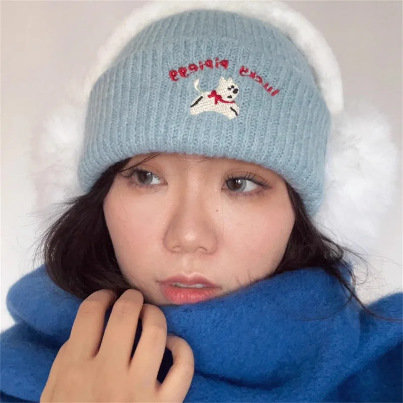 

Lucky Dog Letter Embroidery Knitted Woolen Hat for Women Autumn Winter large size Warn Beanie Cap 58-60cm Female Girls Skullcap