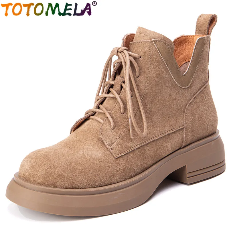 

TOTOMELA 2024 New Vintage Lace Up Cow Suede Leather Boots Female Round Toe Platform Ankle Boots Square Med Heels Winter Boots