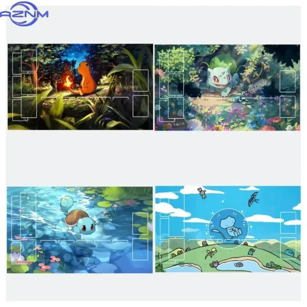 Pokemon Kanto Starter Scene Mouse Pad,Non-Slip Trading Card Game Play Mat With Card Zones HD Print Stitched Edge Battle Desk Mat
